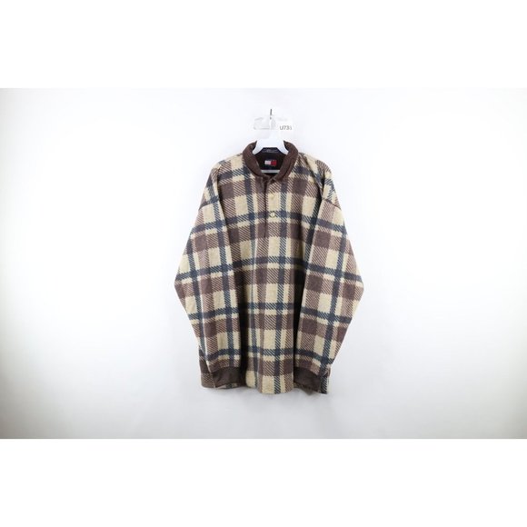 Vtg 90s Tommy Hilfiger Mens Large Faded Baggy Fit Collared Fleece Sweater Plaid - Picture 1 of 8